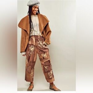 Free People We The Free Mystic Haze Embroidered Pants Floral Patched Brown